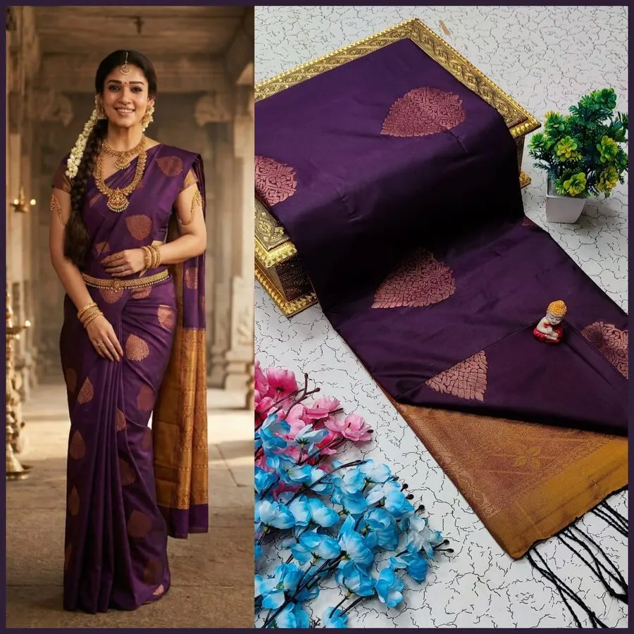 Kanchipuram soft silk saree, purple with zari border, flatlay